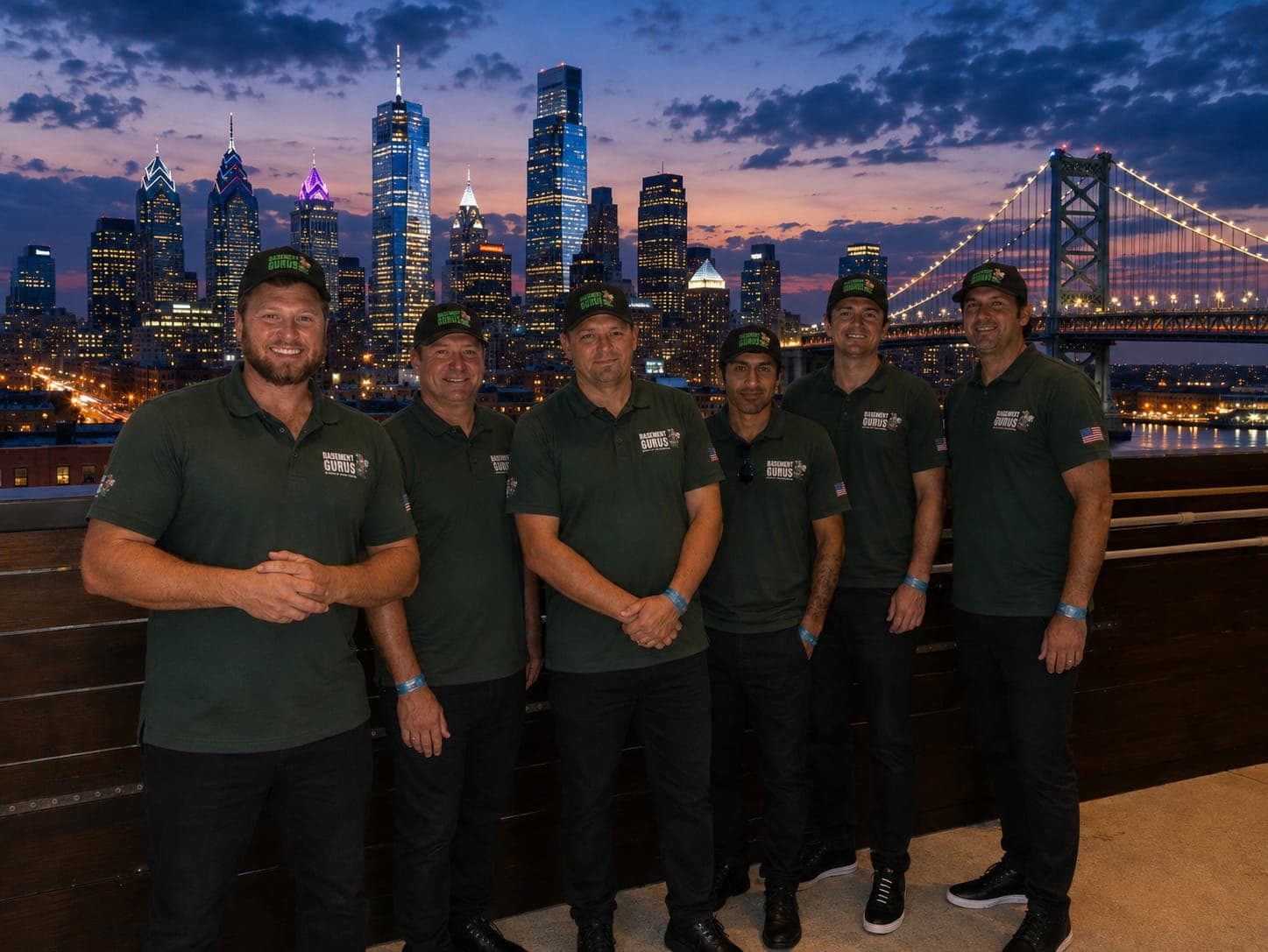 The Basement Gurus crew — six team members in company polos and caps, photographed against the Philadelphia skyline at dusk.