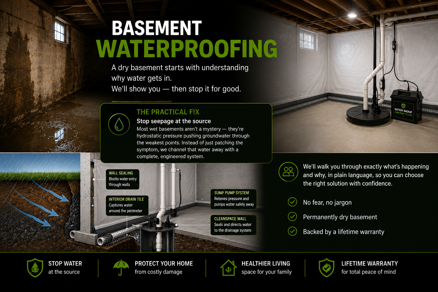 Interior drainage + wall membrane system