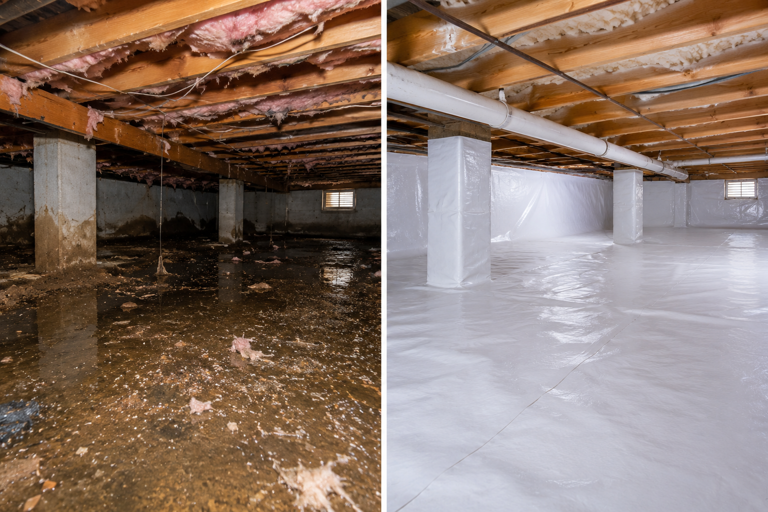 Sealed crawl space with vapor barrier liner and dehumidifier