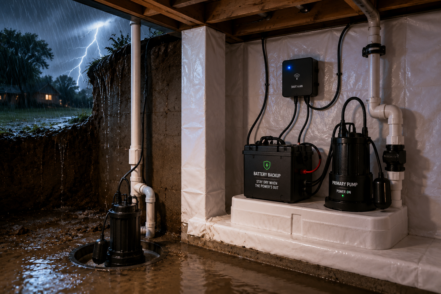 Sump pump system with battery backup installed in basement
