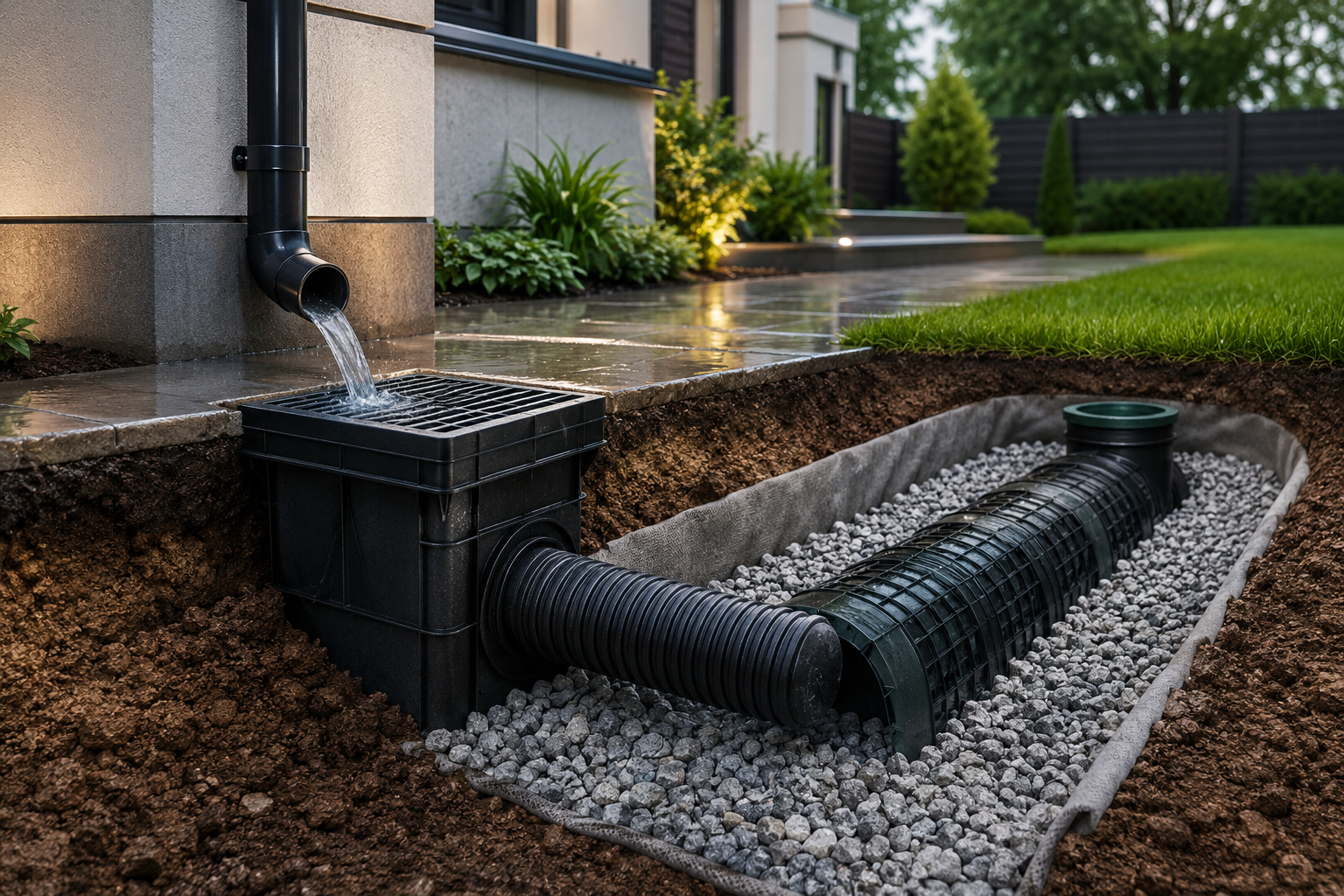 Perimeter French drain installation around foundation